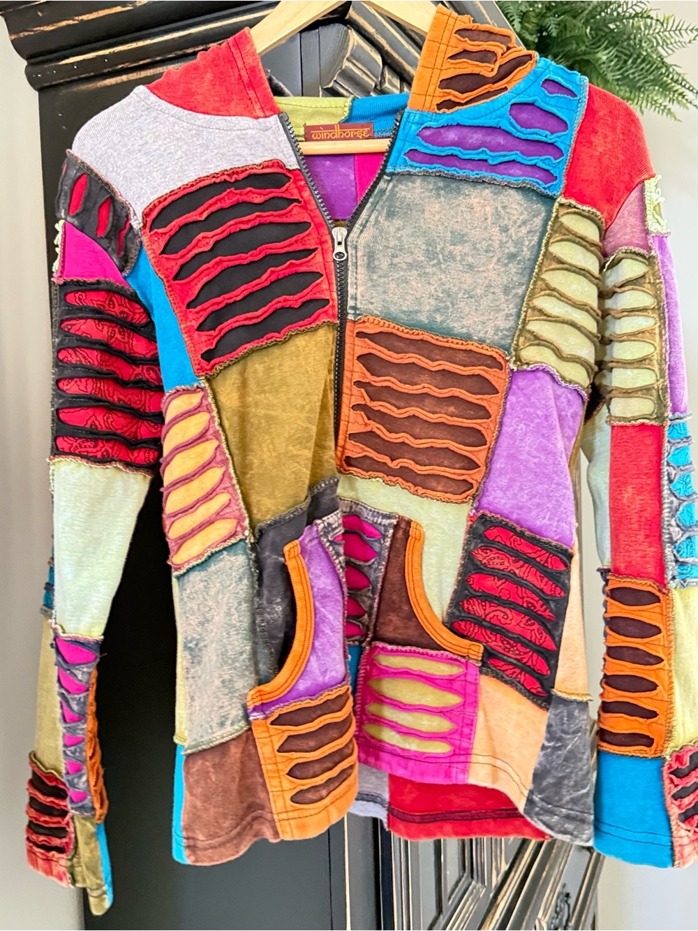 Windhorse Boho Patchwork Razor Cut Full Zip Hoodie Nepal Multicolored, Small/Med
